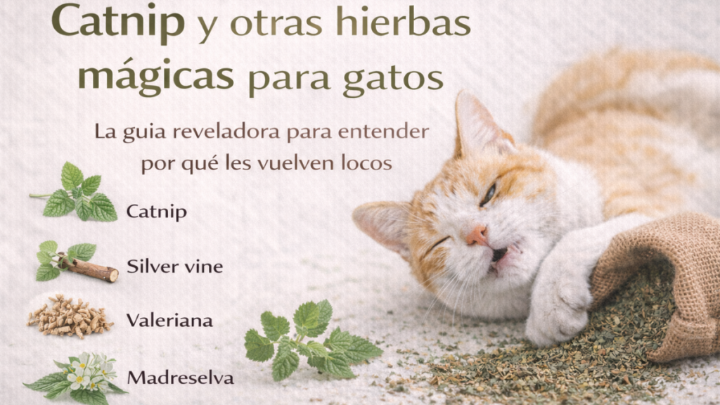 gato rodeado de catnip y otras hierbas